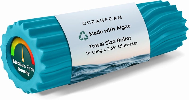 Oceanfoam Ripple Travel Foam Roller (11" x 3.35") Firm Mini Foam Roller for Physical Therapy, Deep Tissue Massage, Back Pain, High Density, Ergonomic Wave Textured, Yoga, Pilate, Exercise (Miami Blue) - Image 1